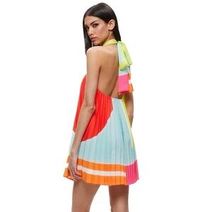 Alice + Olivia Aviana Halterneck Sunburst Pleated Mini Dress